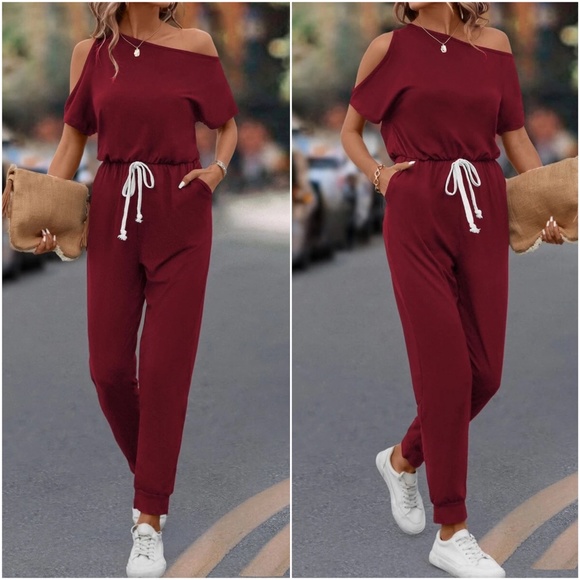 One Shoulder Cut out Pocket Drawstring Jumpsuit - Picture 3 of 6